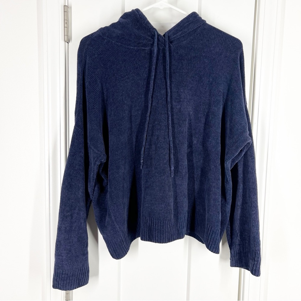 Eileen Fisher Navy Blue Organic Cotton Cropped Hoodie Sweater Size Large - Picture 1 of 6